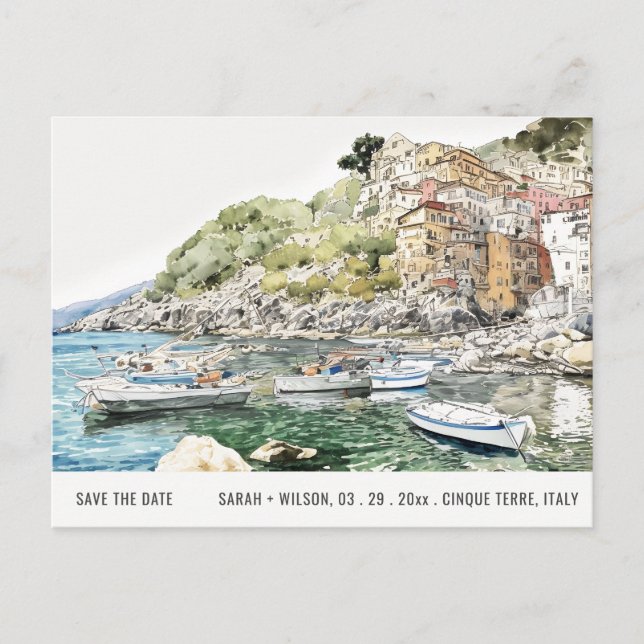 Cartão Postal Cinque Terre Italy Sea Watercolor Salvar Data (Frente)