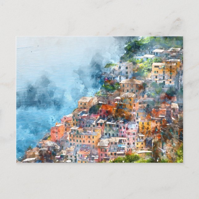Cartão Postal Cinque Terre Italy Watercolor (Frente)