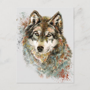 Cartão Postal Cinza de Aquarelas Wolf Willife Animal Art
