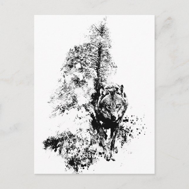 Cartão Postal Cinza De Arte Gráfica Wolf Willife Animal Nature (Frente)