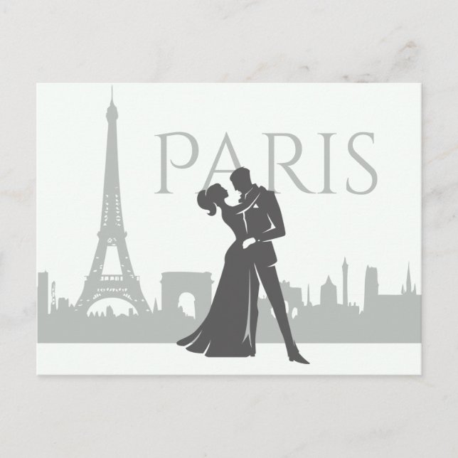 Cartão Postal Cinza de Casal de Torre Eiffel em Paris, Branco (Frente)