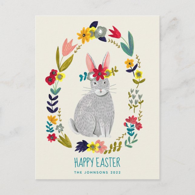 Cartão Postal cinza de coelho páscoa desenho floral (Frente)