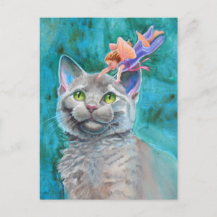 Cartão Postal Cinza Gato com Fada