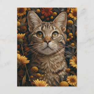 Cartão Postal Cinza por Gato no Jardim das Flores de Queda