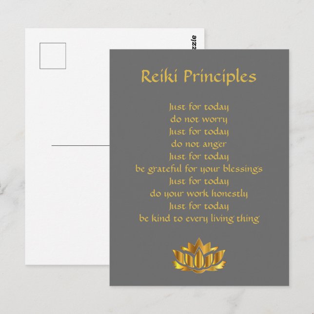 Cartão Postal Cinzas e Dourado dos princípios de Reiki (Frente/Verso)