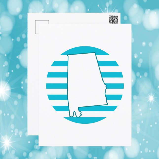 Cartão Postal Círculo Azul Retro do Contorno do Estado do Alabam (A postcard with the state outline of Alabama and a blue retro circle.)