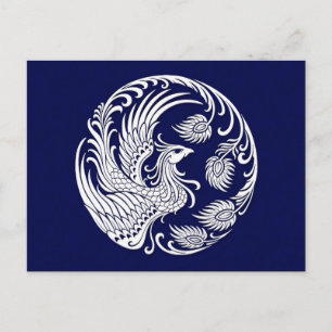 Cartão Postal Círculo tradicional branco de Phoenix em azul