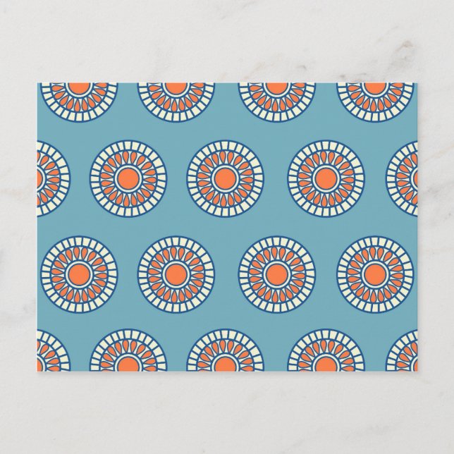 Cartão Postal Círculos Decorativos de Mandala Azul e Laranja (Frente)