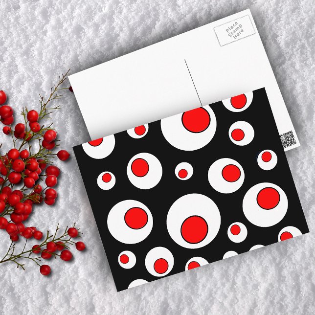 Cartão Postal Círculos Legal Geométricos abstrato (Geometric abstract design of bright bold red circles in white circles on black postcard.)