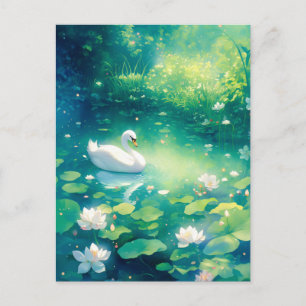 Cartão Postal Cisne Branco Elegante em Lagoa de Lírio Luminoso