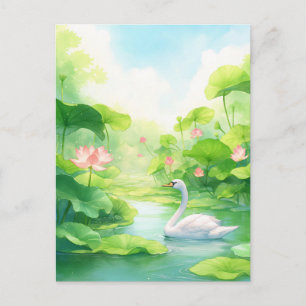 Cartão Postal Cisne Branco Elegante em Lagoa de Lótus Rosa