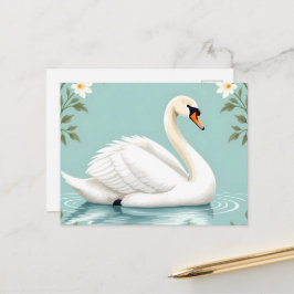 Cartão Postal Cisne branco elegante floral azul