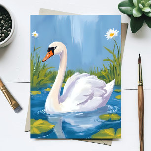 Cartão Postal Cisne Branco   Pintura em Aquarela de Ave em Lagoa