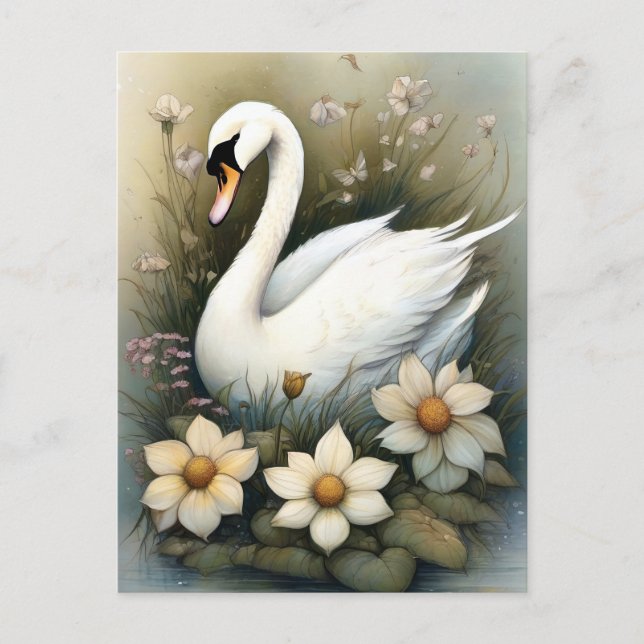 Cartão Postal Cisne com Flores (Frente)