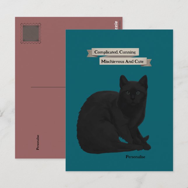 Cartão Postal Citação de Gato Preto Misterioso Rosa Teal Pessoal (Frente/Verso)