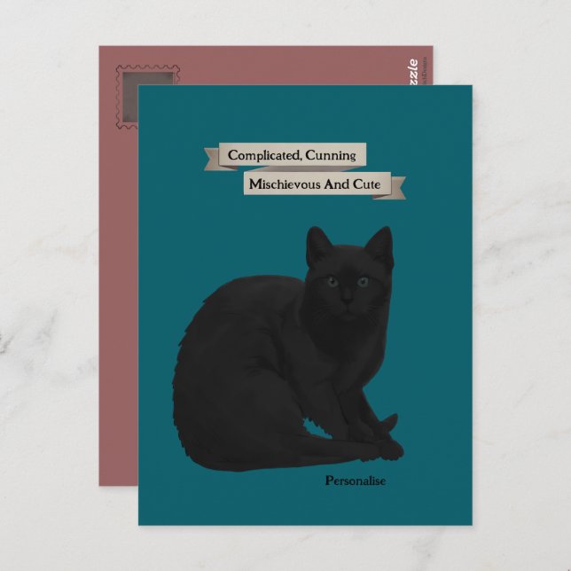 Cartão Postal Citação de Gato Preto Misterioso Teal Rosa (Frente/Verso)