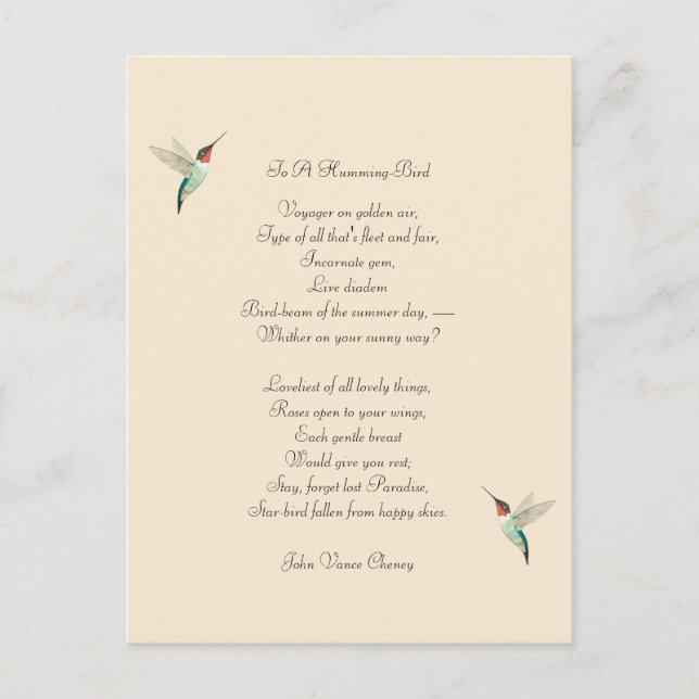 Cartão Postal Citação de Hummingbird e John Vance Cheney (Frente)