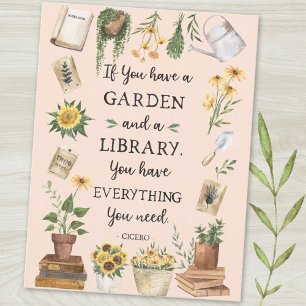 Cartão Postal Citação de jardinagem e biblioteca Girassol e erva