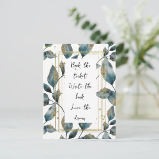 Cartão Postal Citação Motivacional Quadro Dourado e Folhas