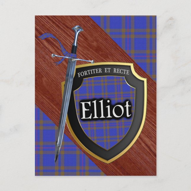 Cartão Postal Clan Elliot Tartan Sword & Shield (Frente)