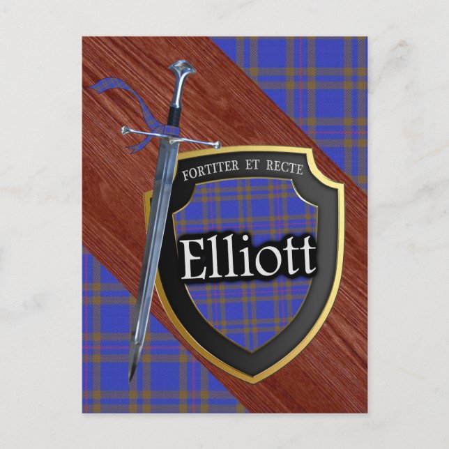 Cartão Postal Clan Elliott Tartan Sword & Shield (Frente)