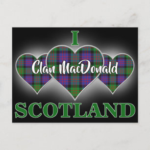 Cartão Postal Clan MacDonald Donald I Love Scotland Tartan Heart