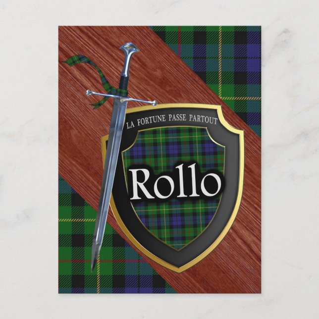 Cartão Postal Clan Rollo Tartan Sword & Shield (Frente)