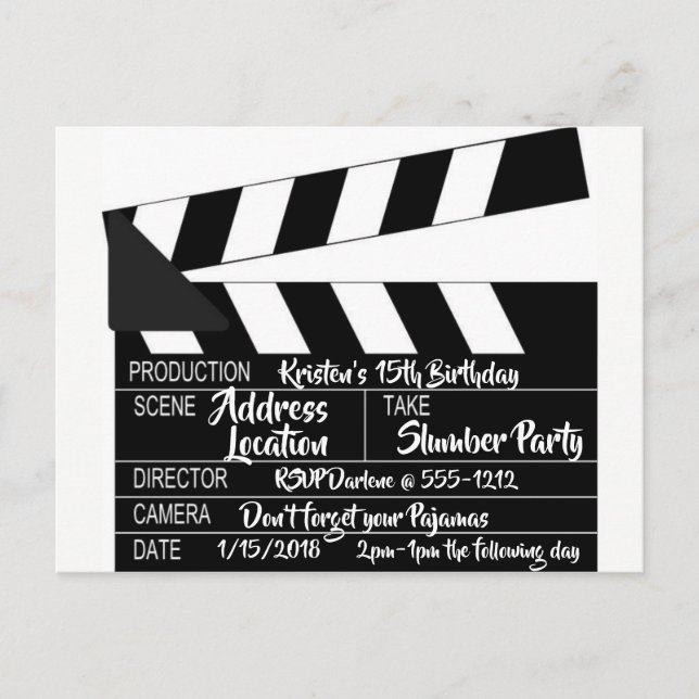 Cartão postal Clapperboard Convite Personalizado (Frente)