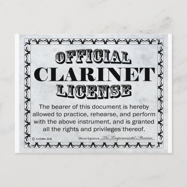 Cartão Postal Clarinet License (Frente)