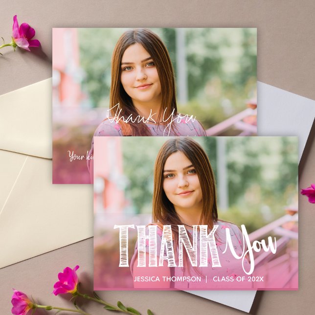 Cartão Postal Classe de 2025 Pink Dois Graduação de Foto Obrigad (Class of 2025 Pink Two Photo Graduation Thank you Postcard)