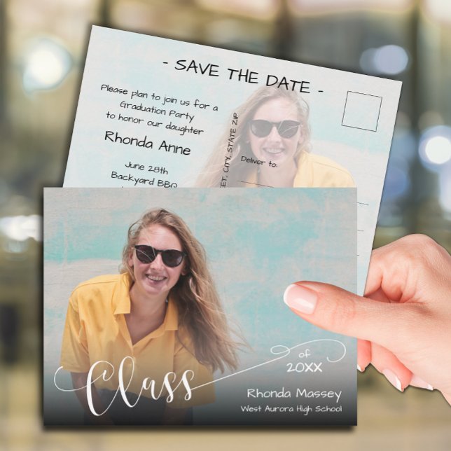 Cartão Postal Classe de Script de Graduação de Foto Salvar a Dat (Class of on the front of 2 photo  graduation save the date postcards)
