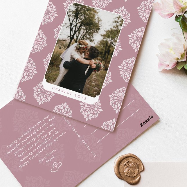 Cartão Postal Classic Damask Elegant Script Valentine's Day Card (Criador carregado)