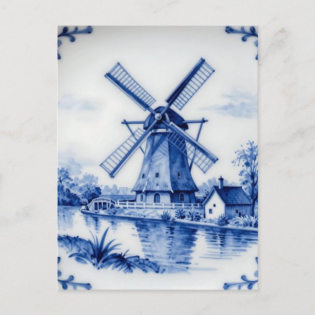 Cartão Postal Classic Delft Blue Windmill Canal Scene (Frente)