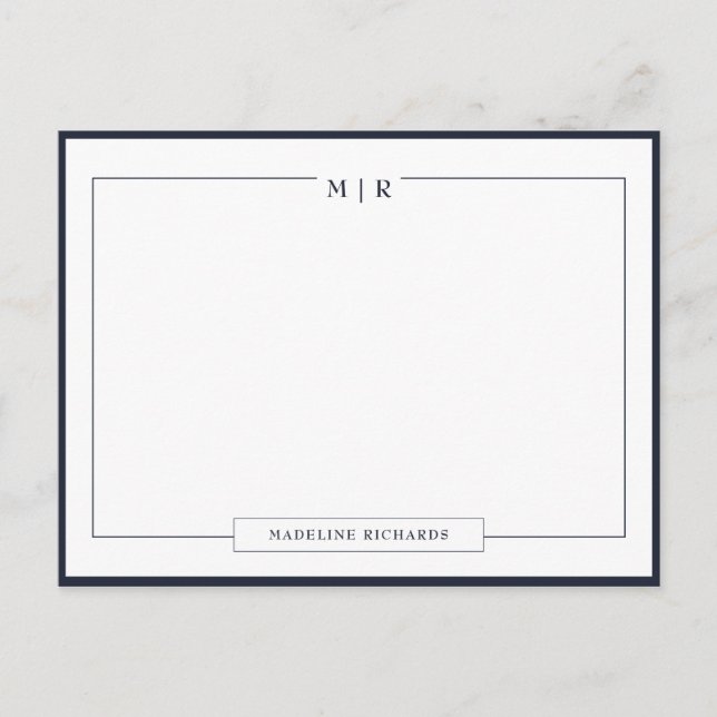 Cartão Postal Classic Monogram Navy Blue Border Stationery (Frente)