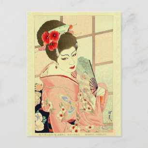 Cartão Postal Clássica Japonesa Geisha Lady Pink Kimono Fan