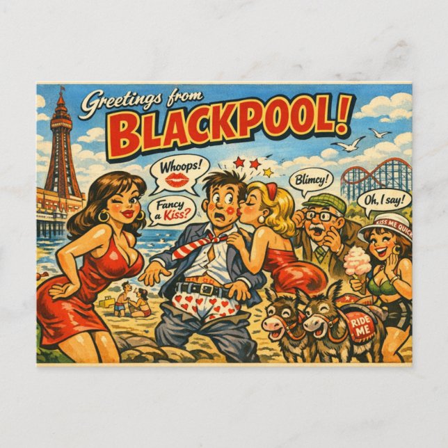 Cartão postal clássico e atrevido de Blackpool (Frente)