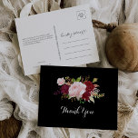 Cartão Postal Clássico negro tropical e borgonha Obrigado<br><div class="desc">Este clássico obrigado preto tropical e burgundy que você faz é perfeito para um casamento rústico. O design de marsala artístico bordo apresenta rosas de aquarela, verdes, cor-de-rosa, burgundy e blush, combinados com verde, bem arrumados num buquê de flores gracioso e radiante. Personalize a parte traseira do cartão postal, incluindo...</div>