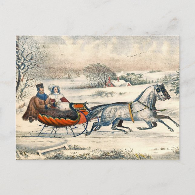 Cartão Postal Clássico Passeio de Trenó de 1853 Currier Ives Est (Frente)