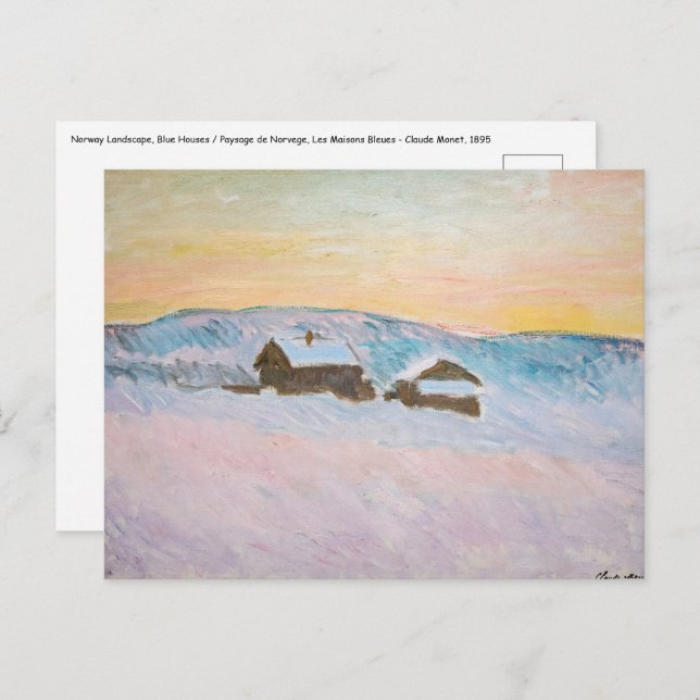 Cartão Postal Claude Monet - Paisagem da Noruega, Casas Azuis (Frente/Verso)