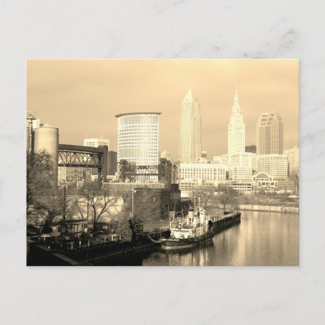 Cartão Postal Cleveland,OH Sepia River View (Frente)