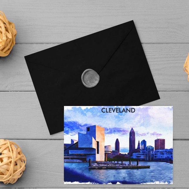 Cartão Postal Cleveland Ohio Watercolor Cityscape View (cleveland ohio cityscape skyline)