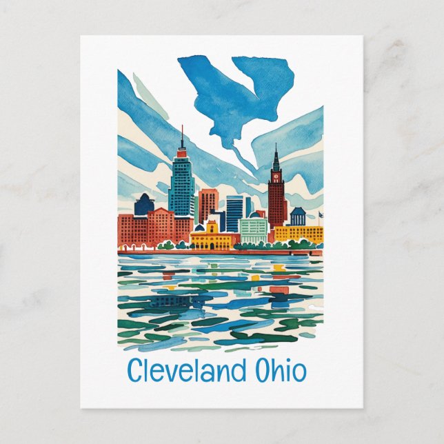 Cartão Postal Cleveland Ohio Watercolor Skyline (Frente)