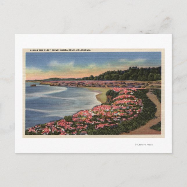 Cartão Postal Cliff Drive View of Ocean, Beach, & Flowers (Frente)