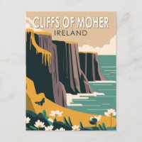 Cliffs of Moher Ireland Floral Viagem Art Vintage