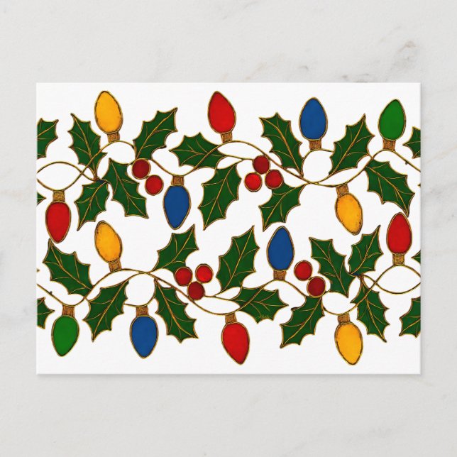 Cartão Postal Cloisonne Art Christmas Lights and Holly (Frente)