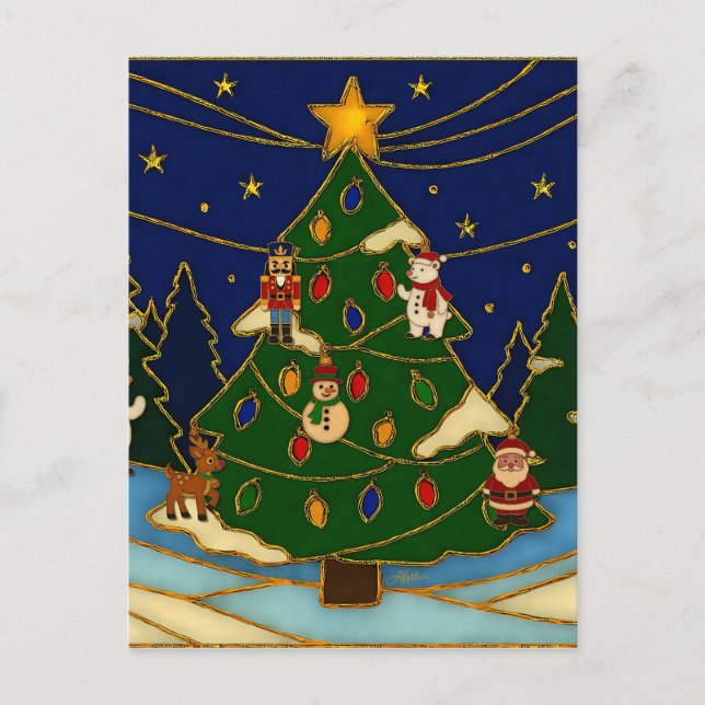 Cartão Postal Cloisonne Art Whimsical Forest Classic Christmas  (Frente)