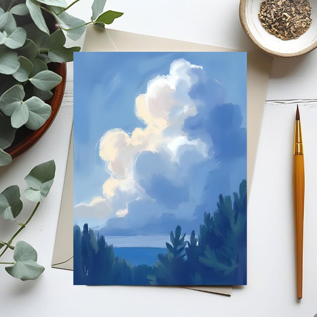 Cartão Postal Cloudy Skies | Blue Forest Watercolor Painting (Criador carregado)