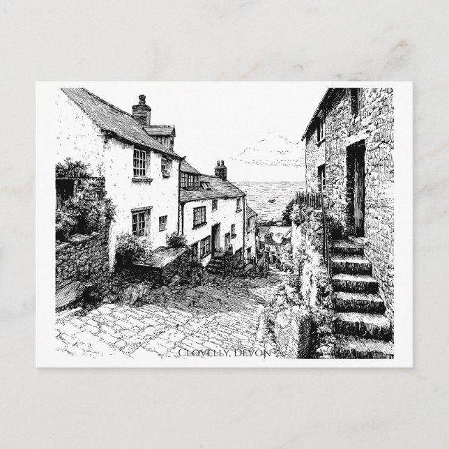 Cartão Postal Clovelly Village Sketch, Devon England (Frente)