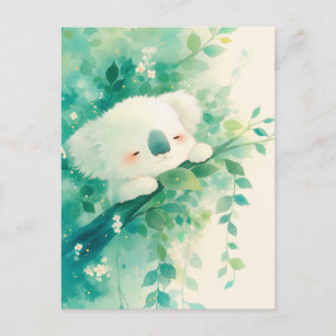 Cartão Postal Coala Dormindo em Galho com Vegetação em Aquarela
