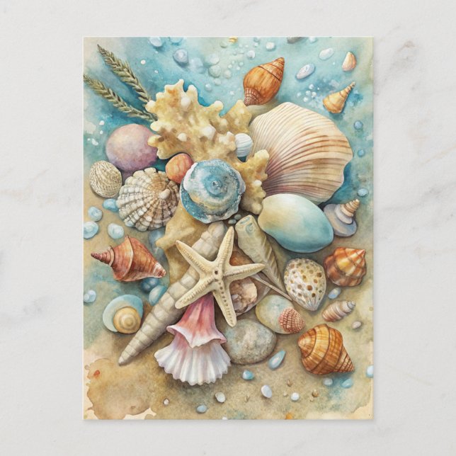 Cartão Postal Coastal Beach Seashells Starfish Watercolor Art (Frente)